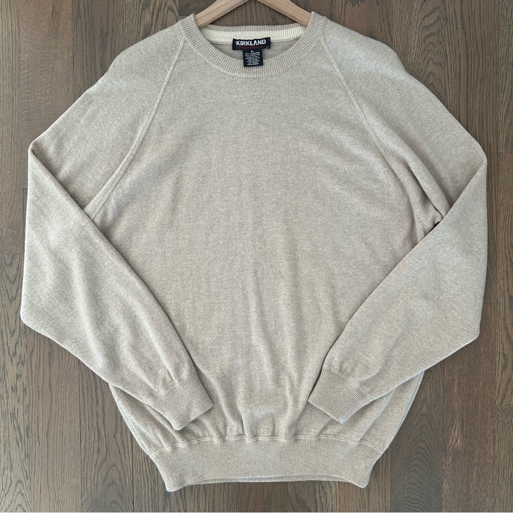 Kirkland Signature Men's 100% Cashmere Crew Neck Raglan Sweater Heather Tan XL